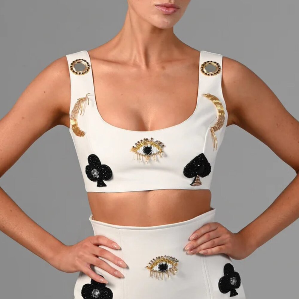Worn-Once The Dolls House Ace Bralette | White Leather + Embellishments | XL